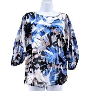 Robert Graham Silk Blouse Womens XS Abstract Print Blue Sheer Balloon Sleeve Top